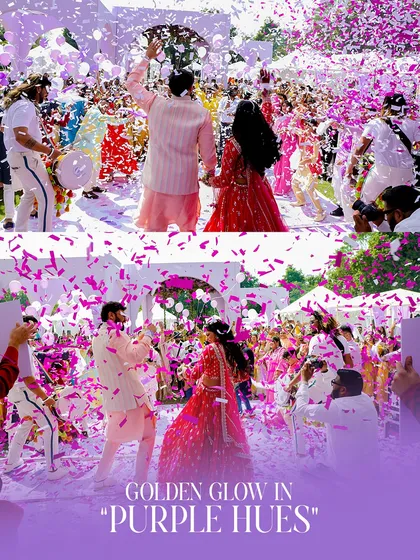 A purple-hued confetti blast creates a stunning visual for this Haldi celebration. The color-coordinated effects tie in perfectly with the overall lavender decor theme.