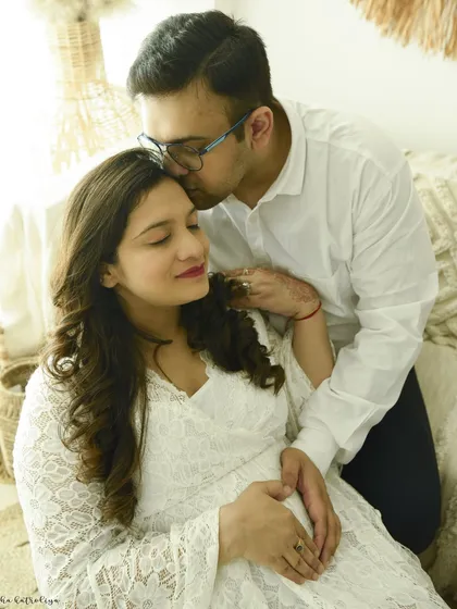 This bright, boho-chic setup is one of my most popular for maternity sessions. The white lace gown and natural textures create a soft, dreamy, and romantic atmosphere.