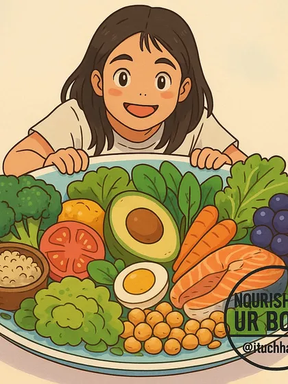 A simple illustration that captures my core message: nourishing your body with real, wholesome food is the foundation of good health. This plate is full of variety, color, and nutrients, including lean protein, healthy fats, complex carbs, and fresh vegetables.