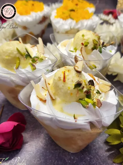 My fusion desserts are a super hit! This is a Rasmalai Tres Leches cup, combining the classic Indian sweet with a soft, milky cake. It's 100% eggless and absolutely divine.