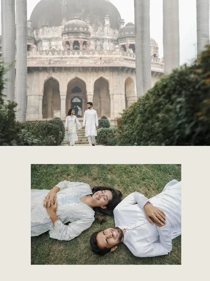 A collage from a pre-wedding shoot at a historic tomb, showing the couple sharing quiet moments, both walking hand-in-hand and lying peacefully on the grass.