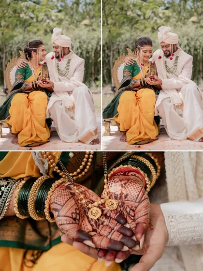 A collage that zooms in on the wedding rituals, featuring a beautiful close-up of the bride's hands holding the sacred mangalsutra before it is tied.