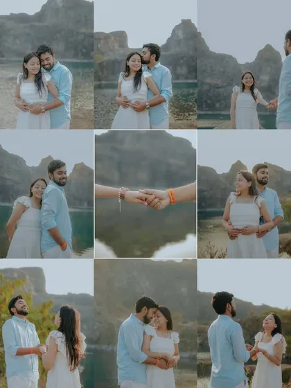 A collage of candid moments from a lakeside pre-wedding shoot. It captures their laughter, their quiet looks, and the beautiful connection they share.