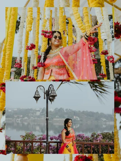 A diptych of the bride, capturing her dancing with joy and in a serene portrait against a lakeside view.