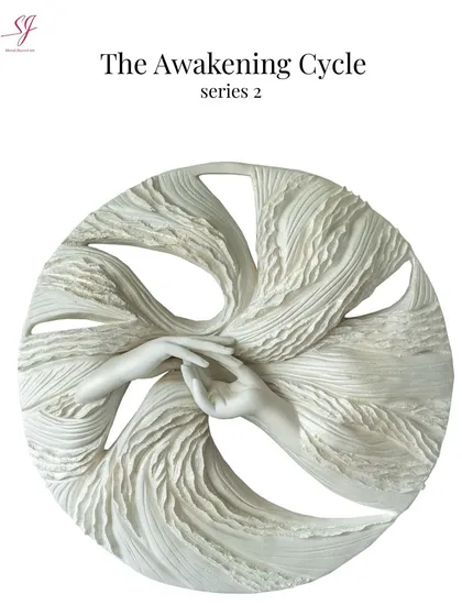A clean, focused look at 'The Awakening Cycle series 2'. This 36-inch piece uses a luminous white finish to suggest clarity and the inner light that comes from self-love and evolution.