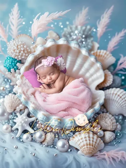 A tiny pearl in a seashell. This mermaid-inspired setup uses soft fabrics and a collection of real and prop shells to create a beautiful, whimsical ocean scene for your baby girl.