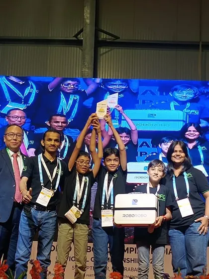 Team RoboRovers Rfl celebrating their gold medal win at the WRO India nationals. They will now represent India at the WRO International Championship in Singapore.