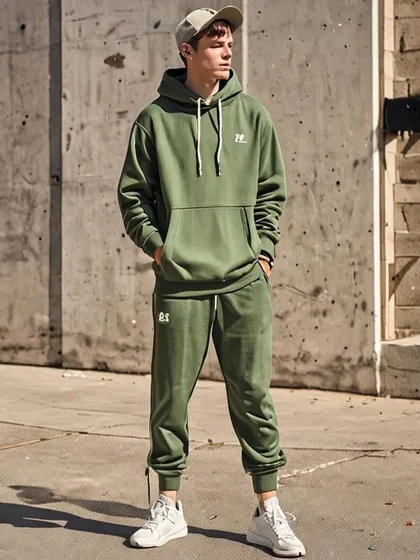 An AI-generated concept for men's sustainable streetwear. This image presents a cohesive look with an olive green hoodie and matching joggers, showing how I can create casual, eco-conscious fashion concepts for modern brands.