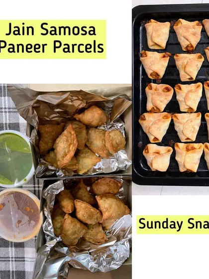 Sunday snacks featuring Jain Samosas and baked Paneer Parcels.