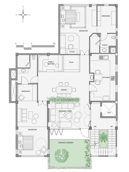The lower floor plan shows the main living and dining areas. You can see how the layout flows from the living room to the outdoor terrace garden, emphasizing the indoor-outdoor lifestyle.