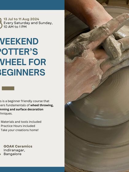 Announcing our July-Aug weekend Potter's Wheel course for beginners. The poster features the iconic image of hands shaping clay on the wheel.