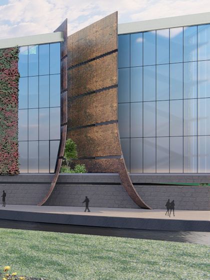A rendering of a commercial masterpiece, where a sculptural copper-toned element divides two glass facades. Each detail is meticulously crafted, echoing innovation and timeless design for our esteemed client.