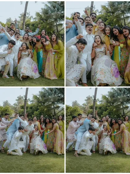 A collage of pure fun with the bridal and groom squads. These photos are all about the laughter, energy, and crazy moments with best friends.