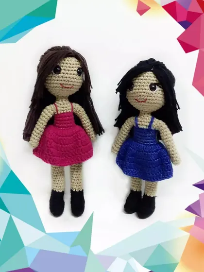 Another view of the matching BFF crochet dolls I created for a custom order. It was so fun to make a set that represents a special friendship.