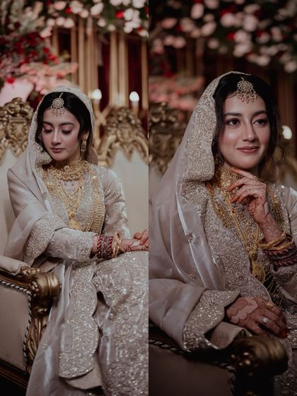 A collage of a Muslim bride's portraits, showcasing her elegant poses on a golden sofa.