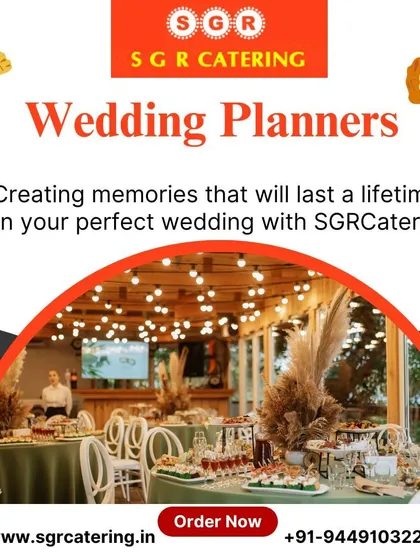 An elegant outdoor reception with long tables, beautiful centerpieces, and warm overhead lighting. We plan every detail to create a perfect and memorable dining experience for your guests.
