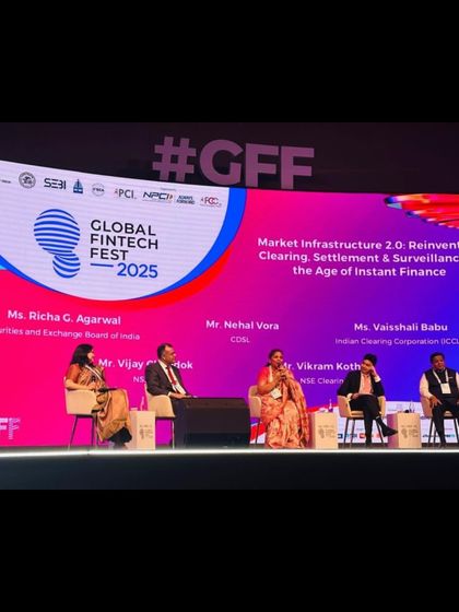 A panel discussion in progress at the Global Fintech Fest 2025. We managed the stage and speakers, facilitating a smooth dialogue between industry experts on market infrastructure.