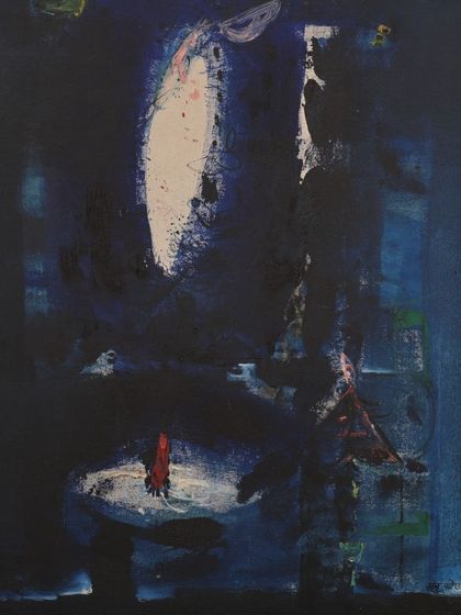 A deep blue abstract painting by Manu Parekh, featured in our exhibition, showcasing his ability to evoke mood and depth through color.