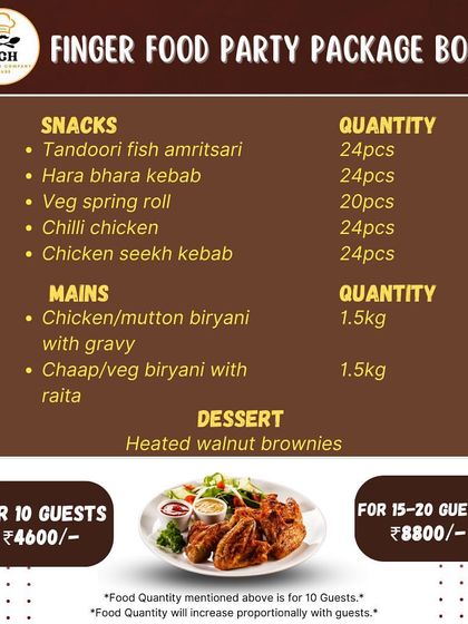Our Finger Food Party Package Box is perfect for a snack-heavy event. It features a variety of kebabs and tikkas, biryani for the main course, and walnut brownies for dessert.
