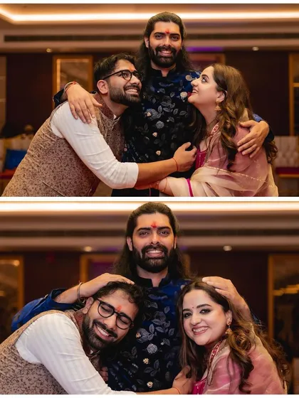 A collage showing the couple sharing a warm, happy hug with a close friend or family member during the Mata ki Chowki. These are the personal connections that make a wedding so meaningful.