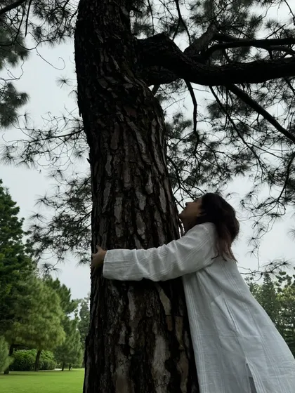Embracing a tree is a powerful act of connection. It's a reminder that we are part of a larger ecosystem and can draw strength and stability from the natural world around us.