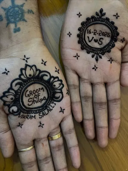 Mehendi for the groom is a wonderful tradition. Here, I've created a simple yet meaningful design featuring the bride's name, the couple's initials, and the wedding date, making it a special part of his celebration too.