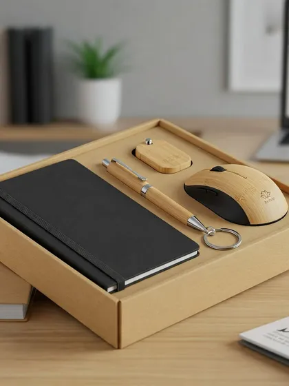 Make a sustainable first impression with this eco-friendly joining kit. The set includes a bamboo-finish wireless mouse, pen, and keychain, along with a classic black notebook, all packed in a simple, earthy box.