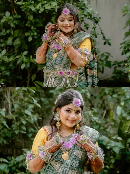 A pair of portraits of the mother-to-be in a lush, green setting, highlighting her happiness and the beauty of her floral accessories.