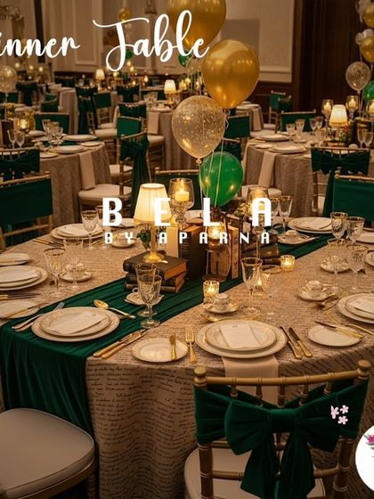 A guest dining table set for the library soiree. The table runner is printed to look like book pages, and the chairs are adorned with large velvet bows, creating a sophisticated and highly thematic dining experience.