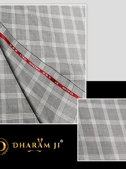 A grey and white plaid fabric from Mazzoni Italy. This lightweight material is an excellent choice for a stylish summer suit or blazer.