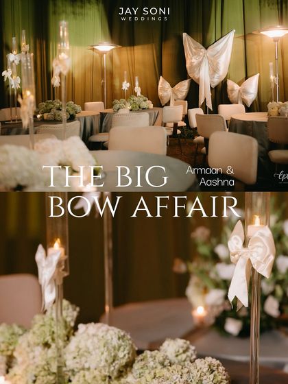 A collage showing the "Big Bow Affair" lounge seating and a close-up of a candle holder adorned with a small, elegant bow.