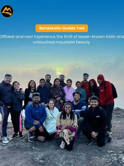Our group at the top of Bandekallu Gudda, an offbeat trek in Chikmagalur. We love taking you to lesser-known trails for untouched mountain beauty.