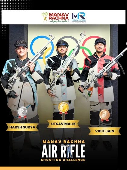 The champions of the Manav Rachna Air Rifle Shooting Challenge on the podium. Our internal and open challenges celebrate the spirit of shooting excellence.