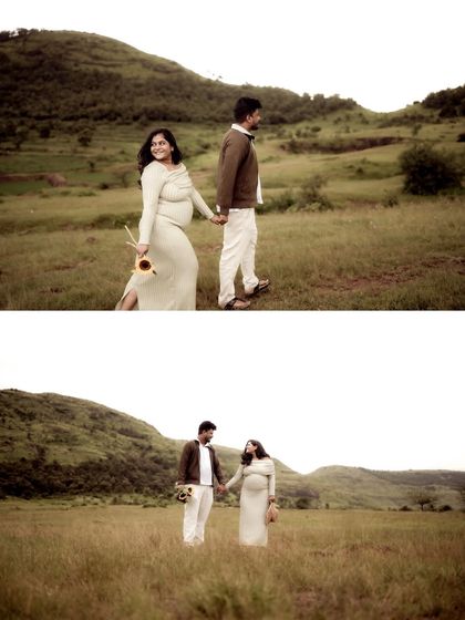 A collage showing the couple walking together in a vast field, holding hands. The wide shots emphasize the feeling of a grand adventure they are embarking on together.