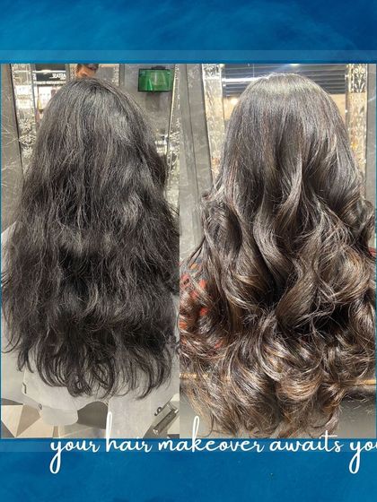 A before-and-after collage showing a hair makeover that added volume, shine, and beautiful, subtle color.