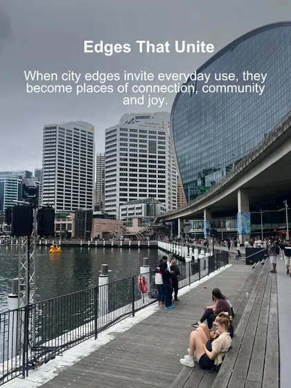City edges can unite communities when they are designed for everyday use. This image shows people relaxing on tiered wooden seating along the water, demonstrating how simple interventions can create places of connection, community, and joy.
