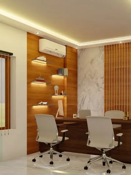Another angle of the manager's cabin, showing the elegant combination of wood, marble, and soft lighting.