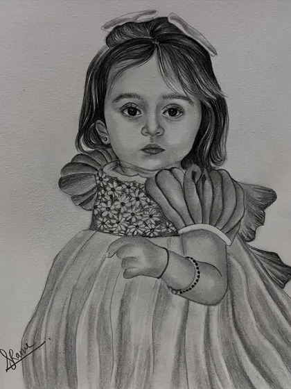 A beautiful pencil portrait of a little girl in a party dress. This custom sketch captures her sweet and serious expression, making it a timeless keepsake.