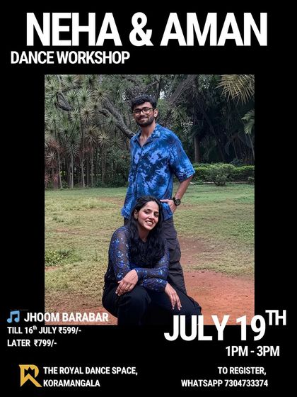 Poster for our "Jhoom Barabar Jhoom" freestyle workshop. We host a variety of choreographers to keep our weekend sessions fresh and exciting.