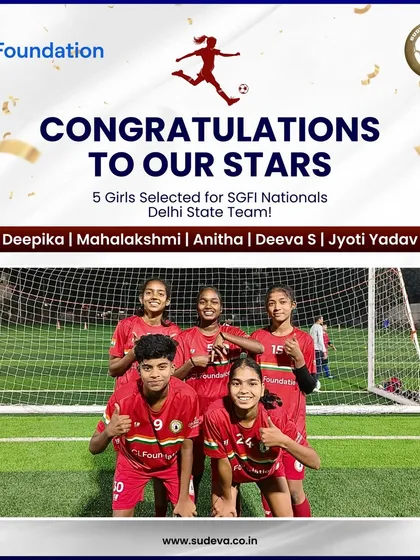 A graphic celebrating our five talented girls selected for the SGFI Nationals to represent the Delhi State Team. We are committed to developing female athletes.