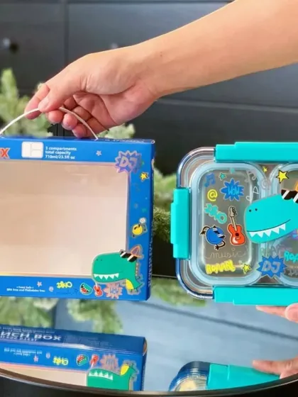 This dinosaur-themed lunch box is another great option. It's made with stainless steel, has multiple compartments, and is available in both big and small sizes.
