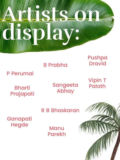 A list of the diverse artists on display at 'On The Go' Kochi, from B. Prabha and Manu Parekh to Sangeeta Abhay and Ganapati Hegde.