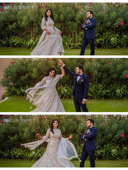 A fun photo series of the couple dancing in a garden. The sequence shows the groom twirling his bride, capturing her flowing gown and their playful interaction.