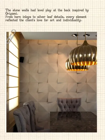 The Modi Residence, another one of our memorable early projects. Here, we experimented with an origami-inspired stone wall and sculptural brass lighting to create a dramatic dining space.