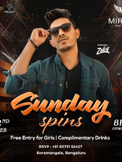 The poster for "Sunday Spins" at Mirror Rooftop Club in Koramangala, a great venue for a weekend party.