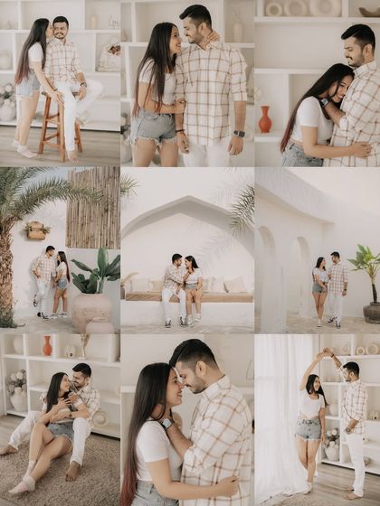 A large collage of nine photos, providing a comprehensive look at the variety of poses and settings available in a studio pre-wedding shoot.