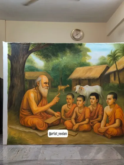 A finished 6x7 feet painting titled 'Ayurveda knowledge from Acharya'. This piece is perfect for institutions like schools or wellness centers, capturing the serene moment of knowledge being passed from a guru to his disciples in a traditional Gurukul.