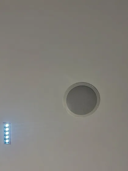 For a truly clean and minimalist aesthetic, I install in-ceiling speakers that are heard but not seen. This is a Polk Audio RC60i speaker, perfectly flush with the ceiling, providing immersive sound without cluttering the room's design.