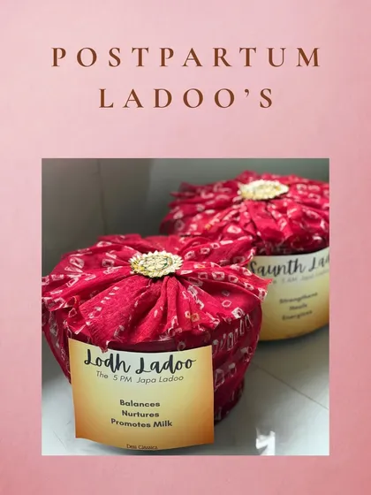 We created our Postpartum Ladoos especially for new mothers. Packed in beautiful bandhani cloth, these Lodh and Saunth ladoos are based on traditional recipes to help with healing and energy during the Japa period.