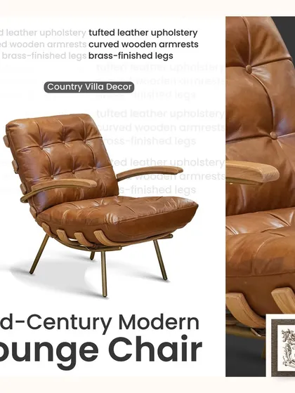 I love blending iconic styles, and this Mid-Century Modern lounge chair is a perfect example. The combination of tufted brown leather, curved wooden armrests, and slender brass-finished legs creates a piece that is both a statement and an invitation to relax.